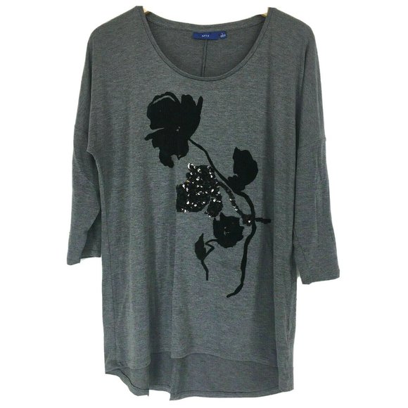 Apt. 9 Tops - Apt 9 L Large Blouse Gray Black Floral Felt Sequin Print Dolman Drop Sleeve Grey
